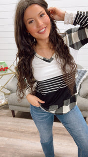 Black and White Plaid and Stripe Ultra Soft Long Sleeve Top *Final Sale*