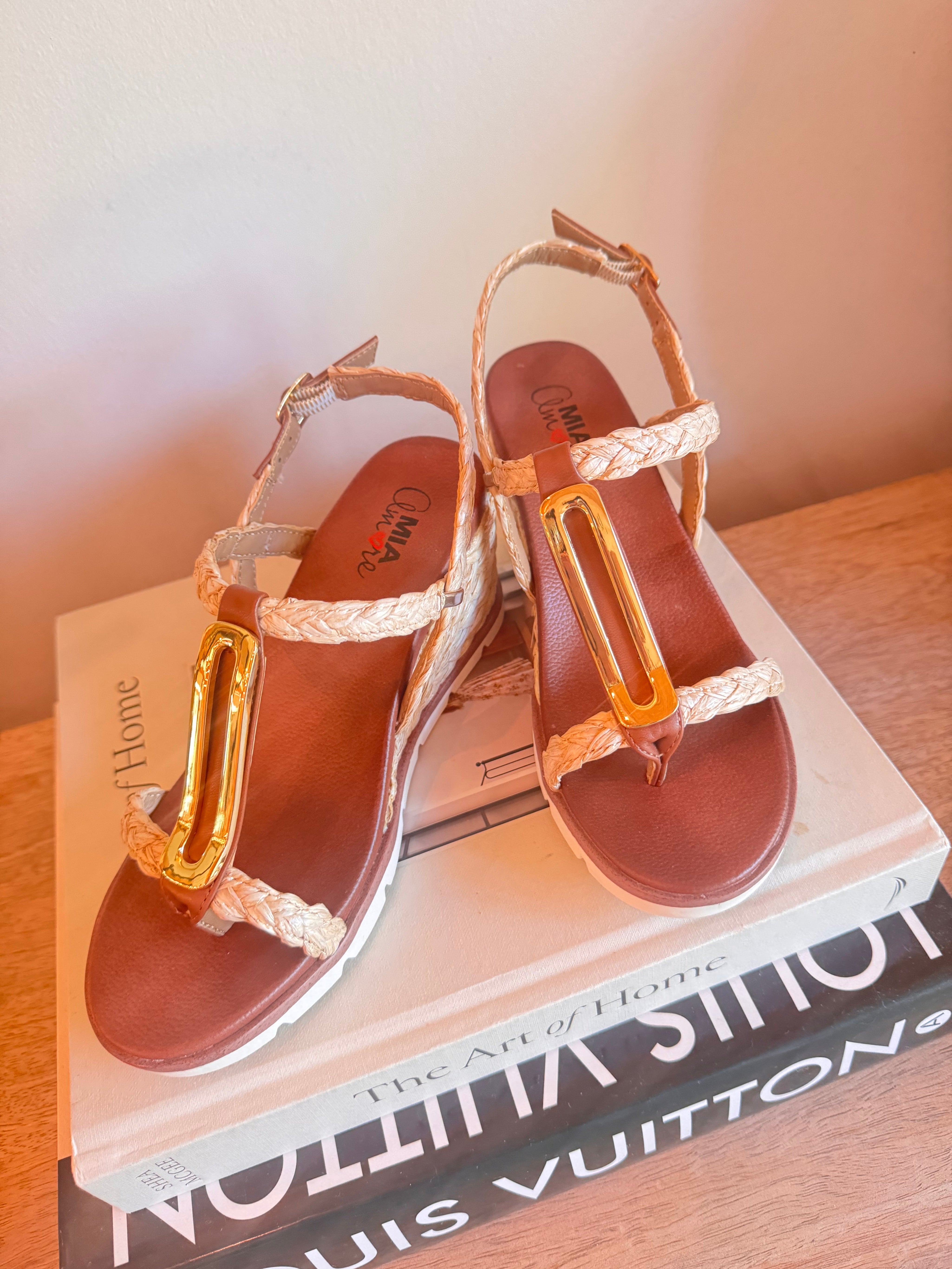 Dark Brown and Woven Strap Wedges