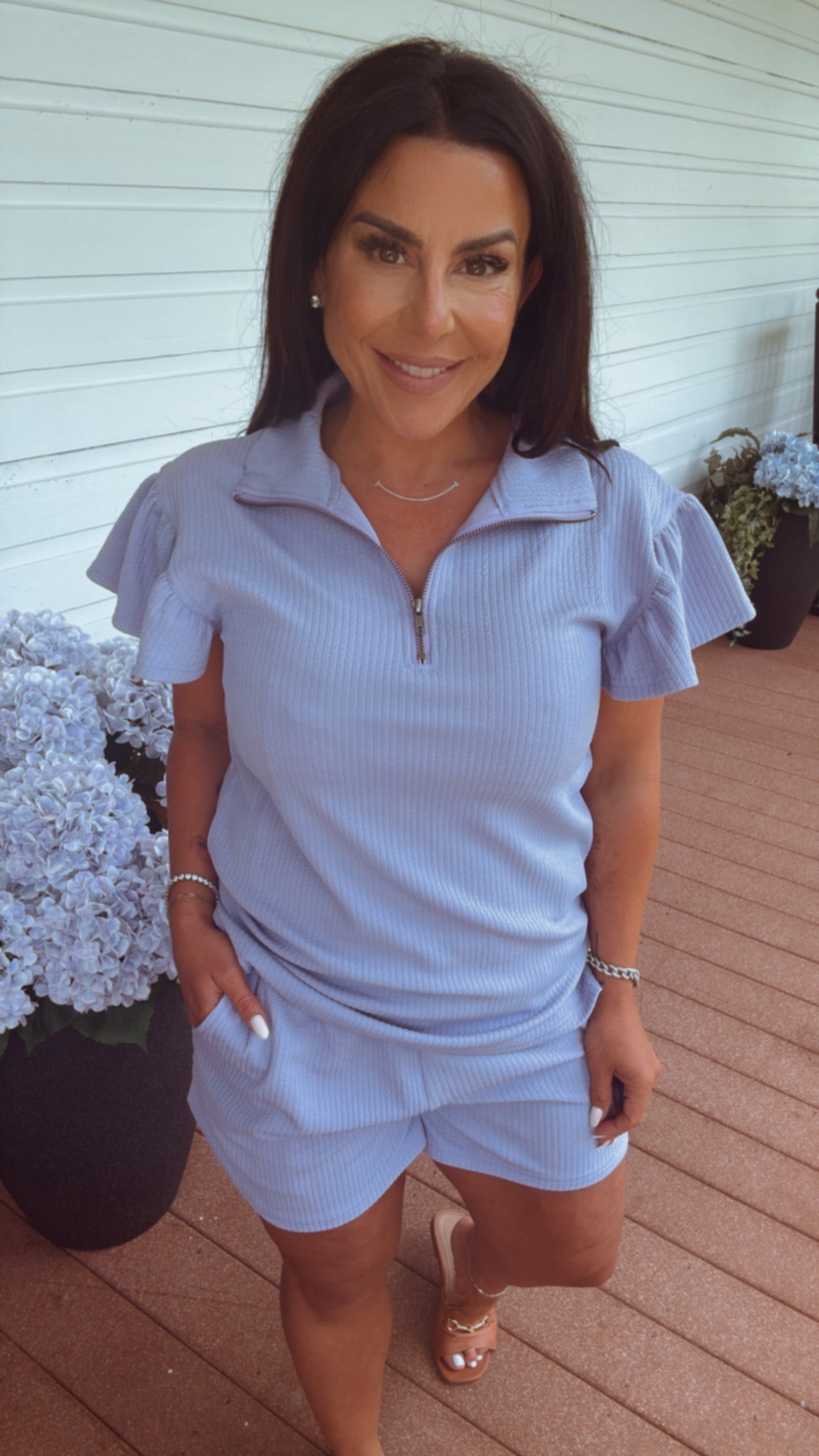 Chic Lilac  Flutter Sleeve 1/4 Zip Black Top