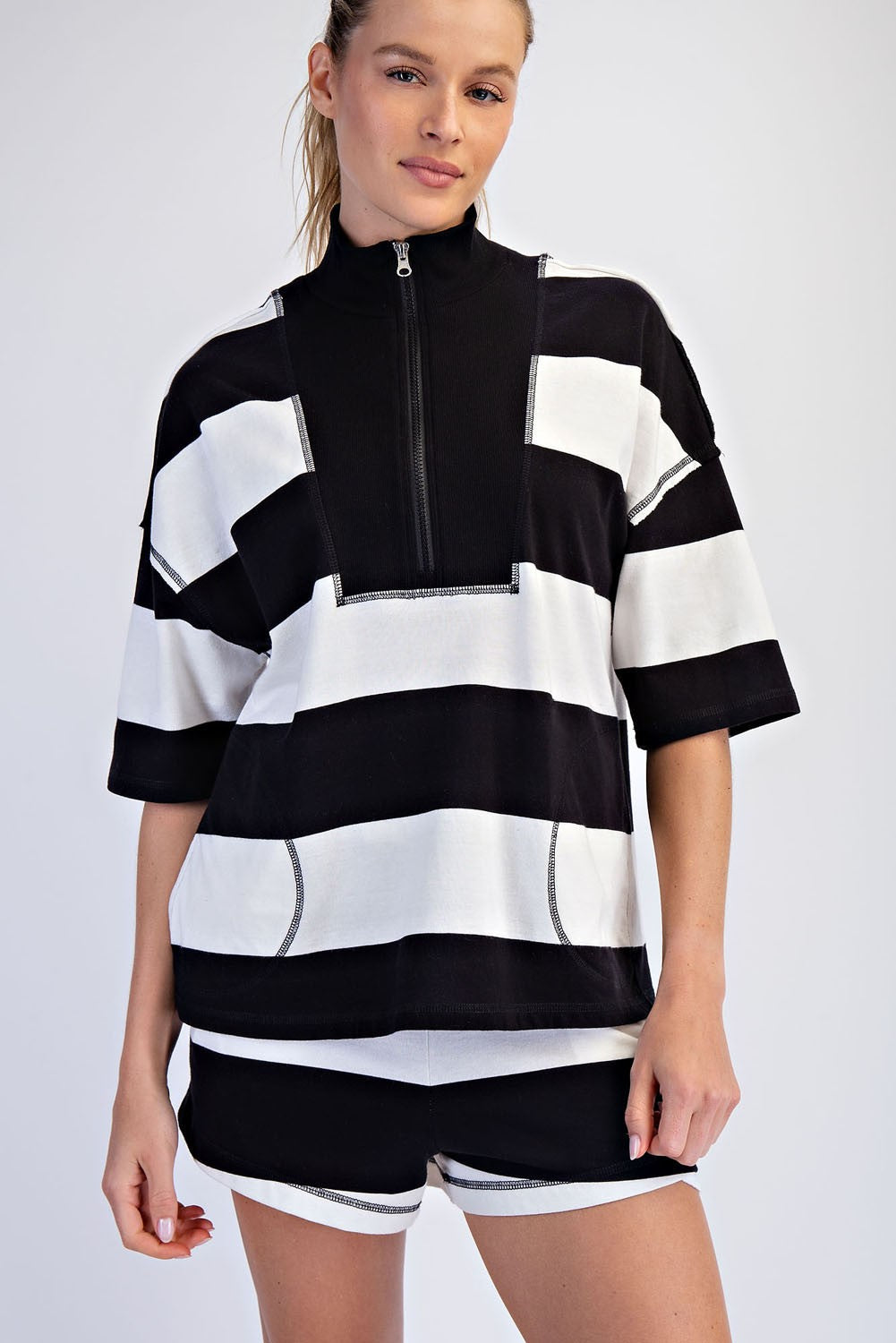 Rae Mode Black and White Cotton Striped Quarter Zip Top 30a