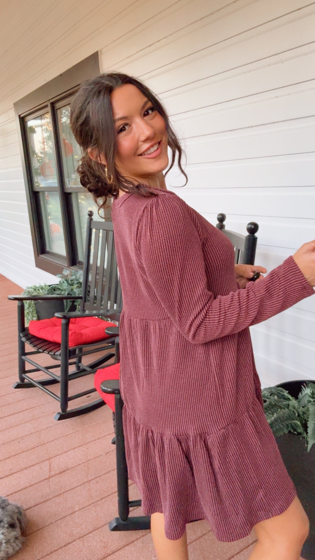 Burgundy Ribbed long Sleeve Tiered Dress
