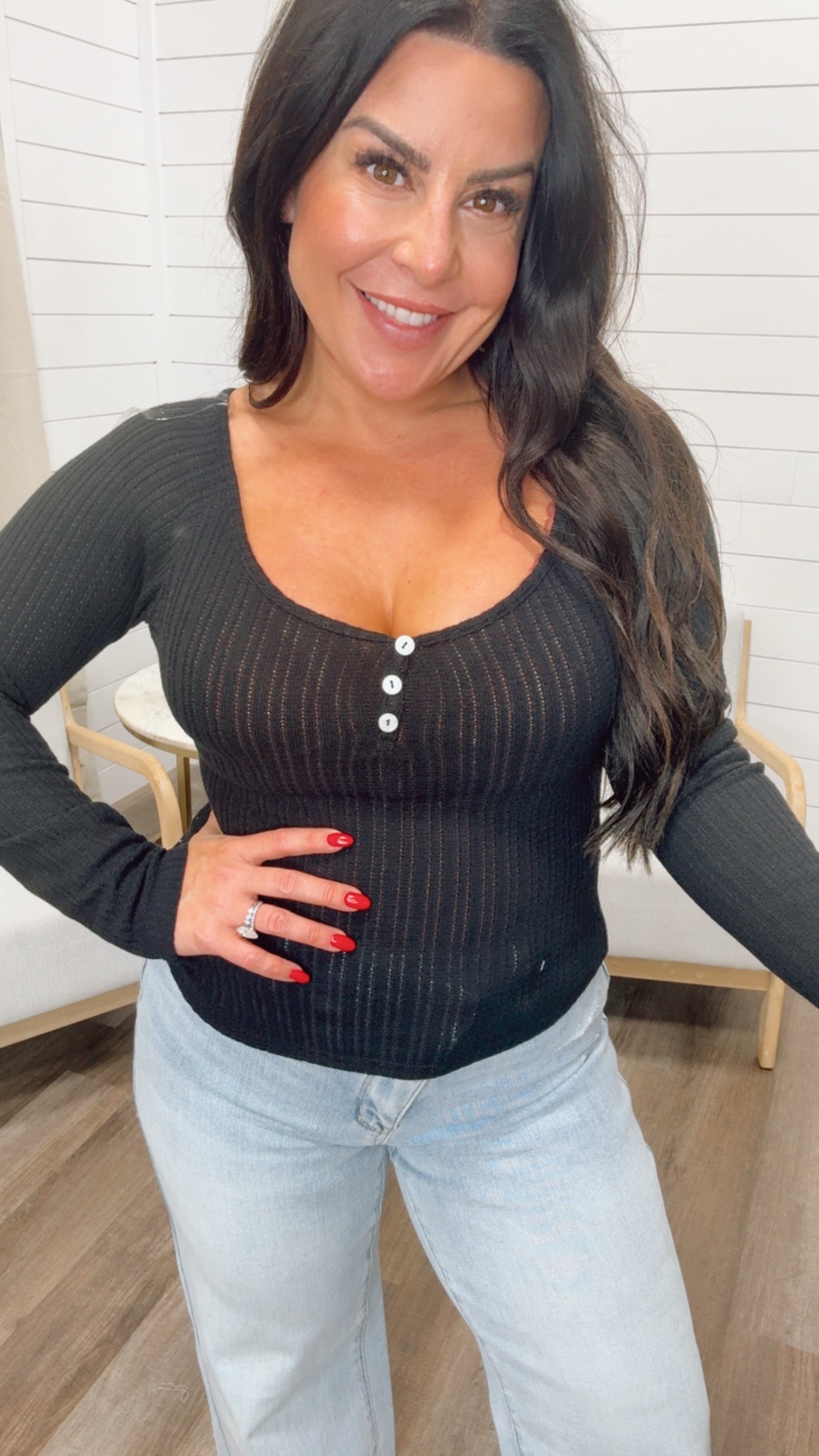 Soft Black Lightweight Textured Knit Long Sleeve Top