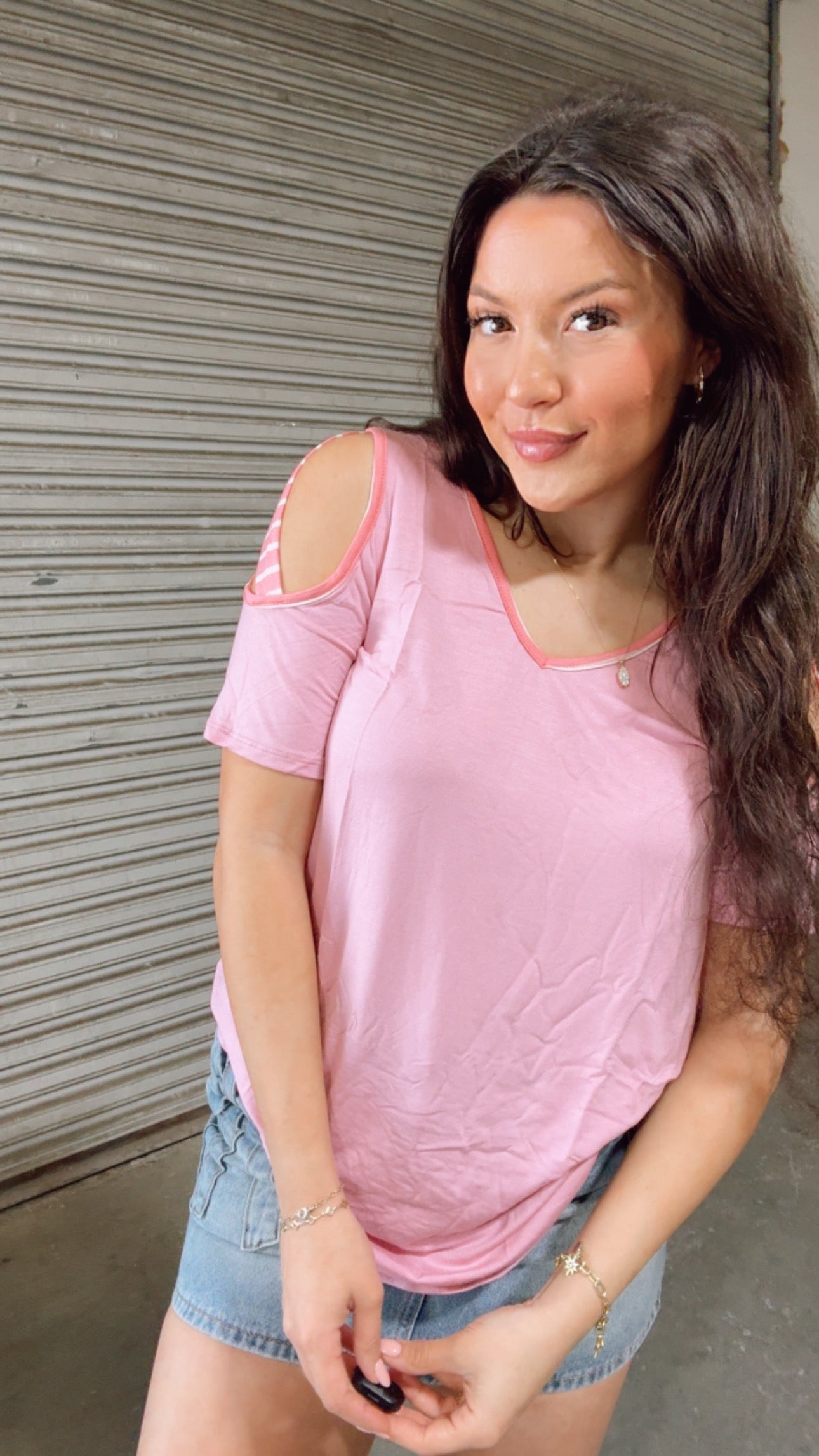 Pink Vneck Top Cut Cold Shoulder Stripe Top *Final Sale*