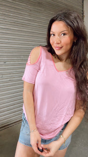 Pink Vneck Top Cut Cold Shoulder Stripe Top *Final Sale*