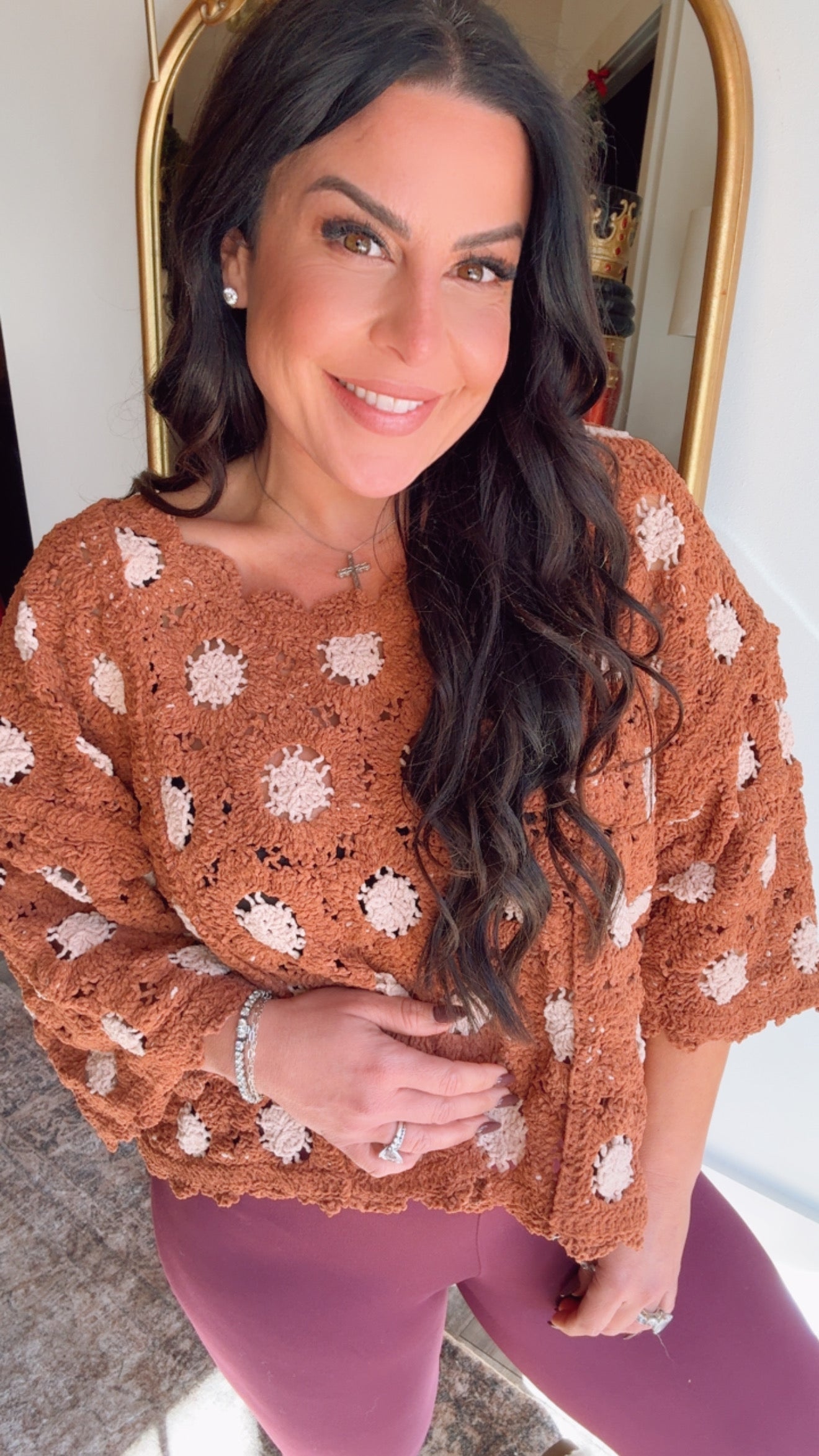 Brick and Latte Crochet Knit Poncho Sweater