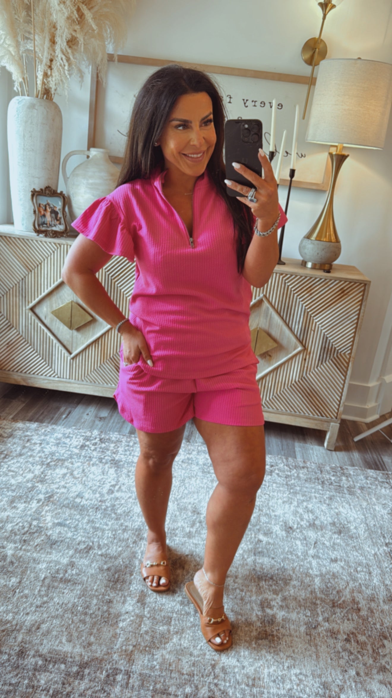 Pink Ribbed Textured Knit Shorts