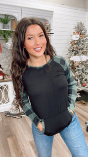 Black and Green Plaid Long Sleeve Pocket Top *Final Sale*