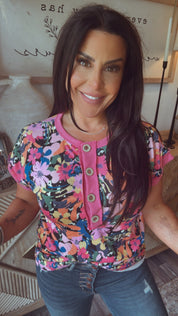 Ultra Soft Black and Floral Button Up Top