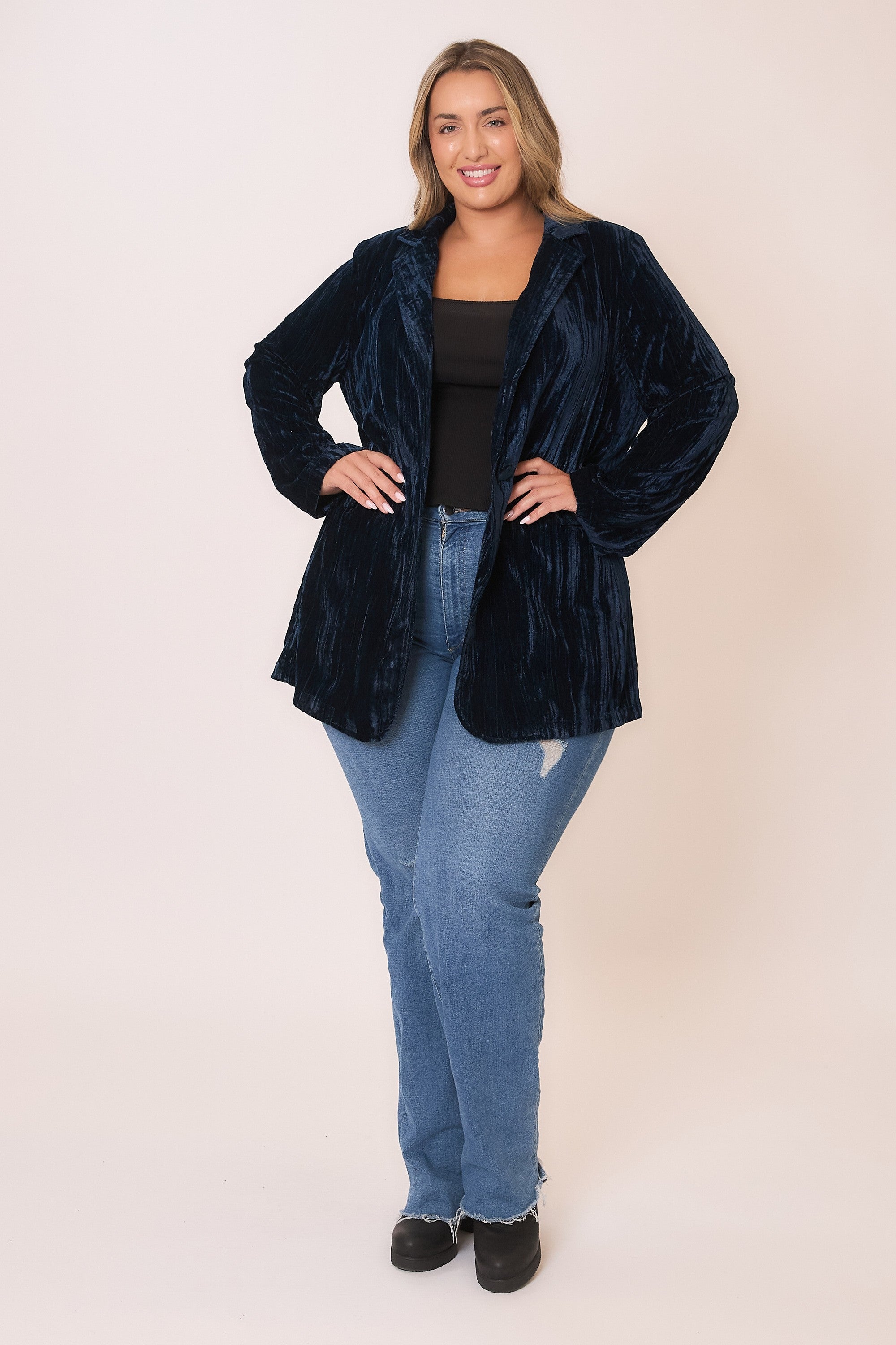 Cozy Co Indigo Crinkle Velvet Blazer