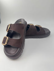 Mia Chocolate Double Strap Gold Buckle Sandals