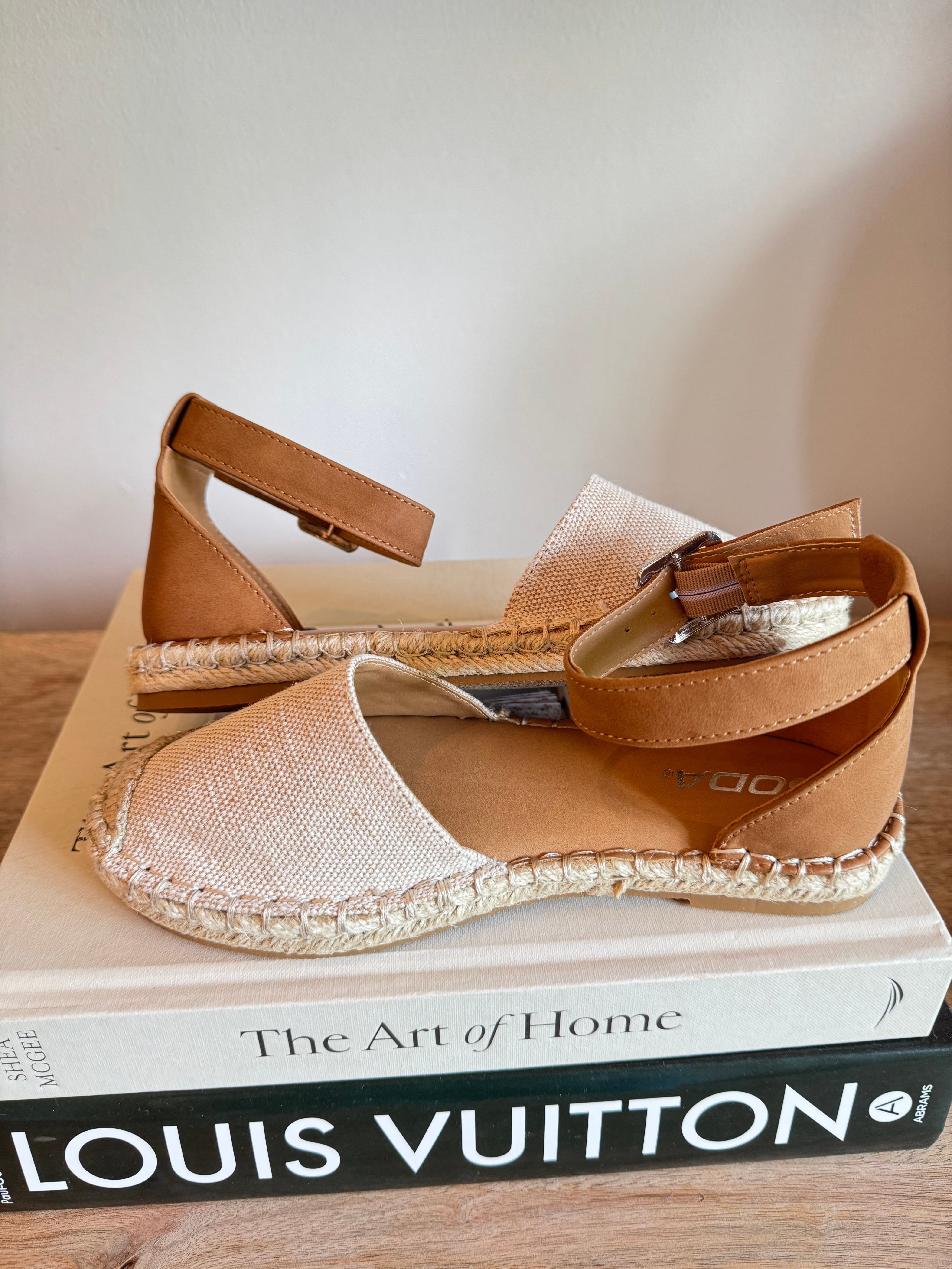 Beige and Cognac Strap Flats
