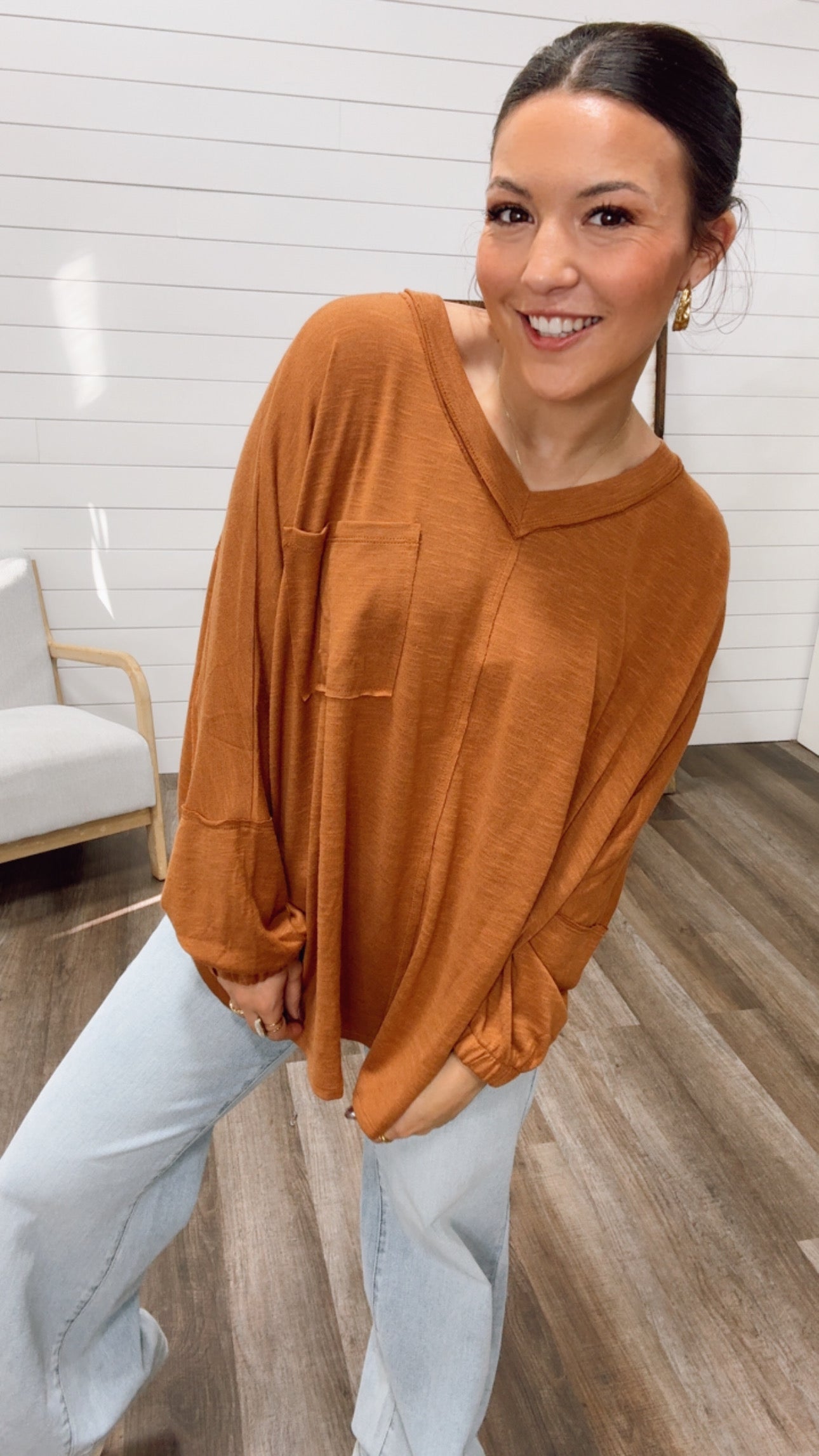 Brown Long Sleeve Pocket Top