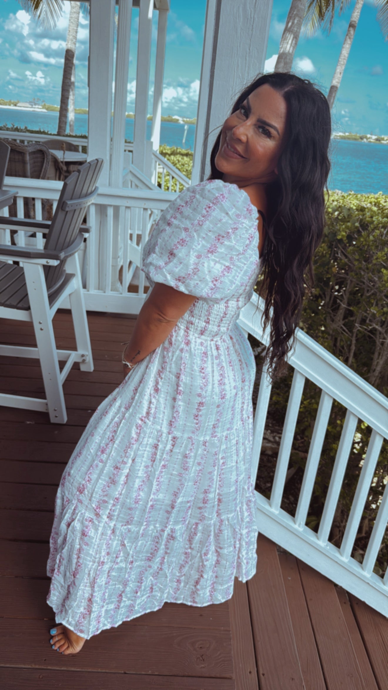 Pink and White Floral  Puff Sleeve Maxi Dess