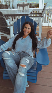 Light Blue Textured Linen Long Sleeve Top