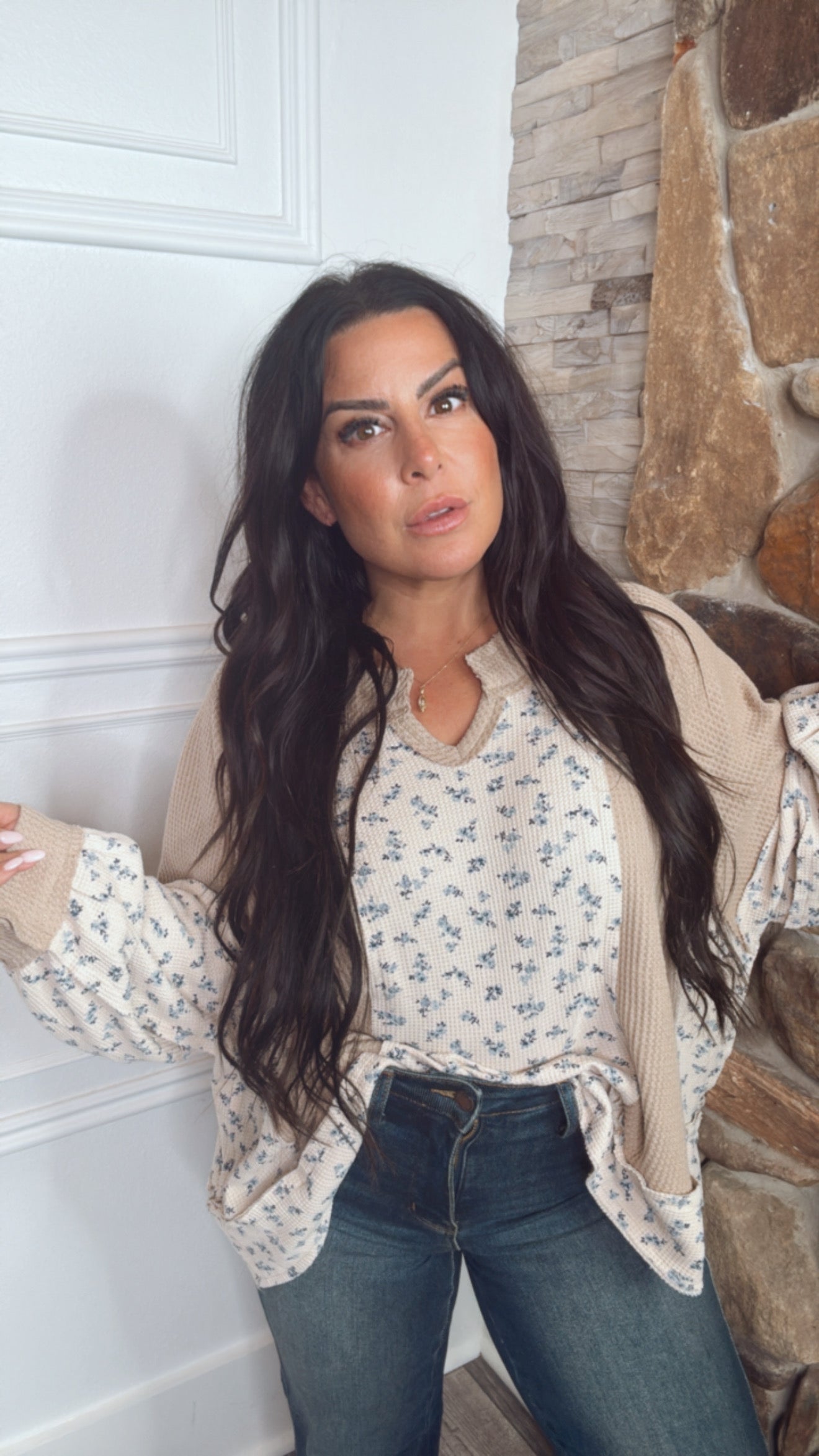 Taupe and Brown Floral Waffle Knit POL Sweater