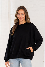 Black Ultra Soft Long Sleeve Front Pocket Top