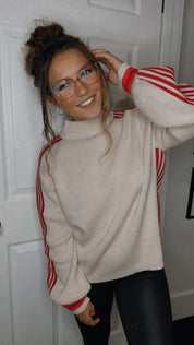 Taupe and Red Stripe Knit Cardi