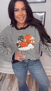 Black and White Striped Tis the Season Patch Sweater Top