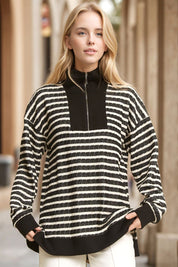 Black And Cream Long Sleeve Zip Up Jacquard Stripe