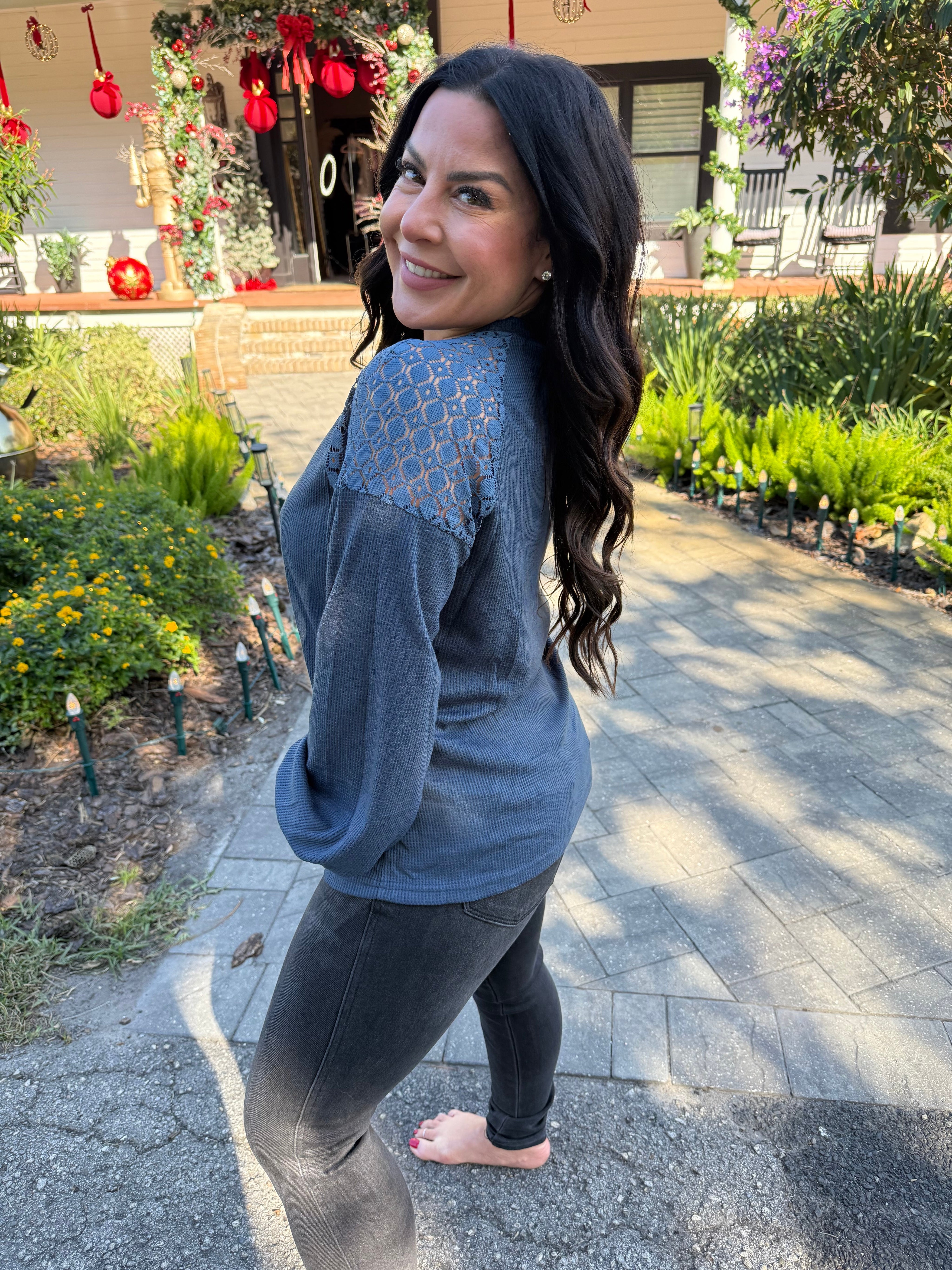 Chic Teal Waffle Knit and Lace Lightweight Sweater