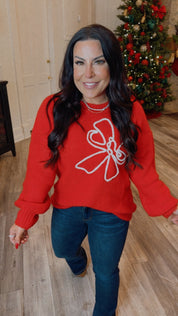 Cozy Co Red Soft Brushed Embroidered Bow Knit Sweater