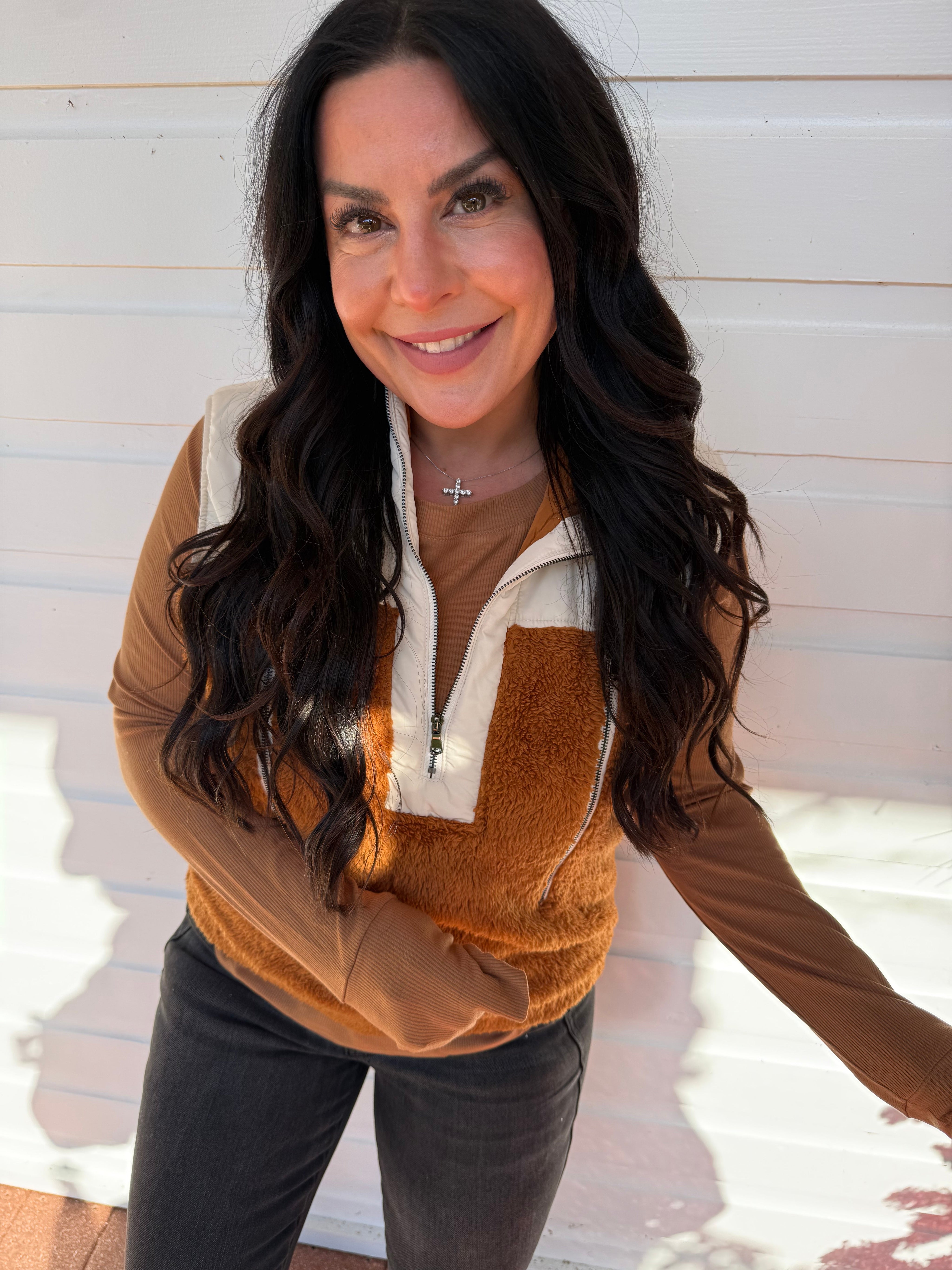 Chic Cream and Brown Puff 1/4 Zip Vest