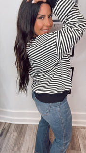 Black and White Striped Tis the Season Patch Sweater Top