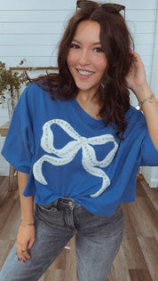 Blue Plush White Crystal Embellished Bow Top