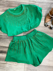 Jeaneane's Custom Green and Gold Sparkle Studded Top