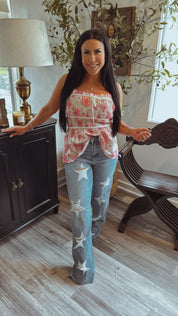 Judy Blue Medium Wash High Waist Distressed Star Straight Leg Jeans