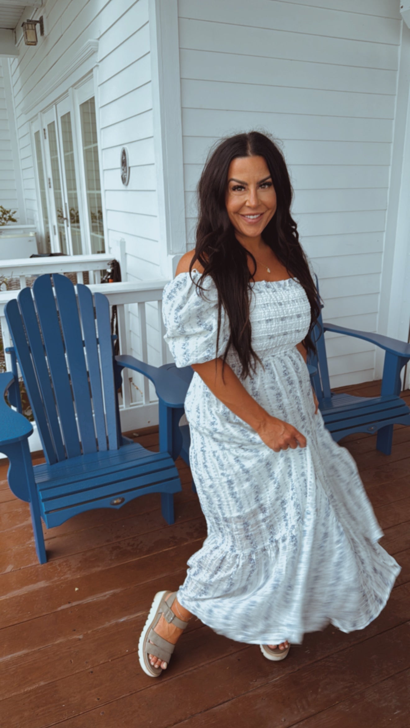 Light Weight Smocked Blue and White Floral Puff Sleeve Dress