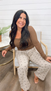 Sassy Ribbed Long Sleeve Lace Trim Brown Top