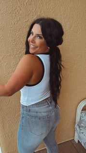 Chic White with Black Piping Ribbed Tank