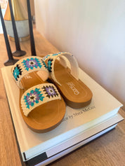 Corky Double Strap Light Tan and Blue Sandals