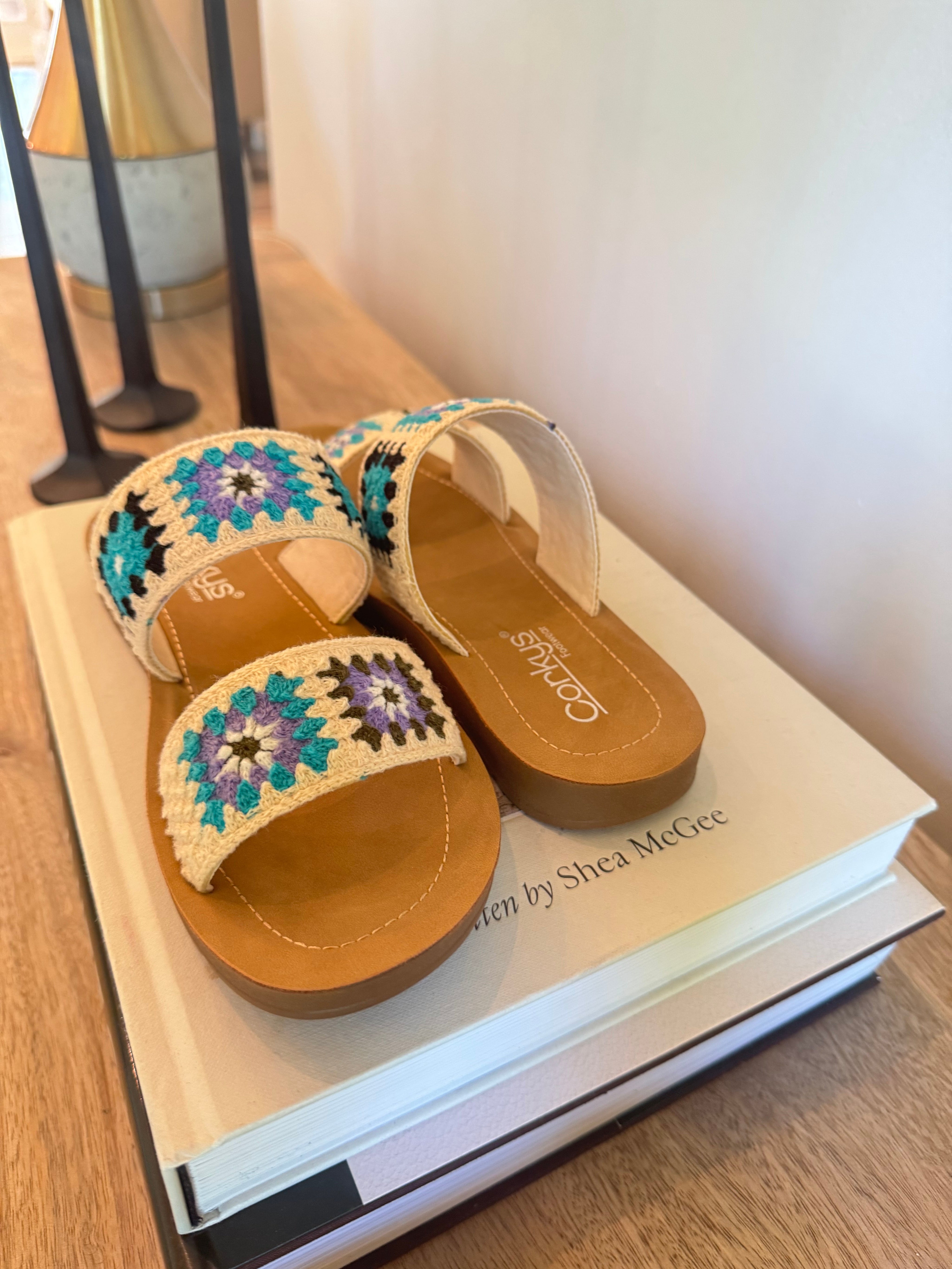 Corky Double Strap Light Tan and Blue Sandals