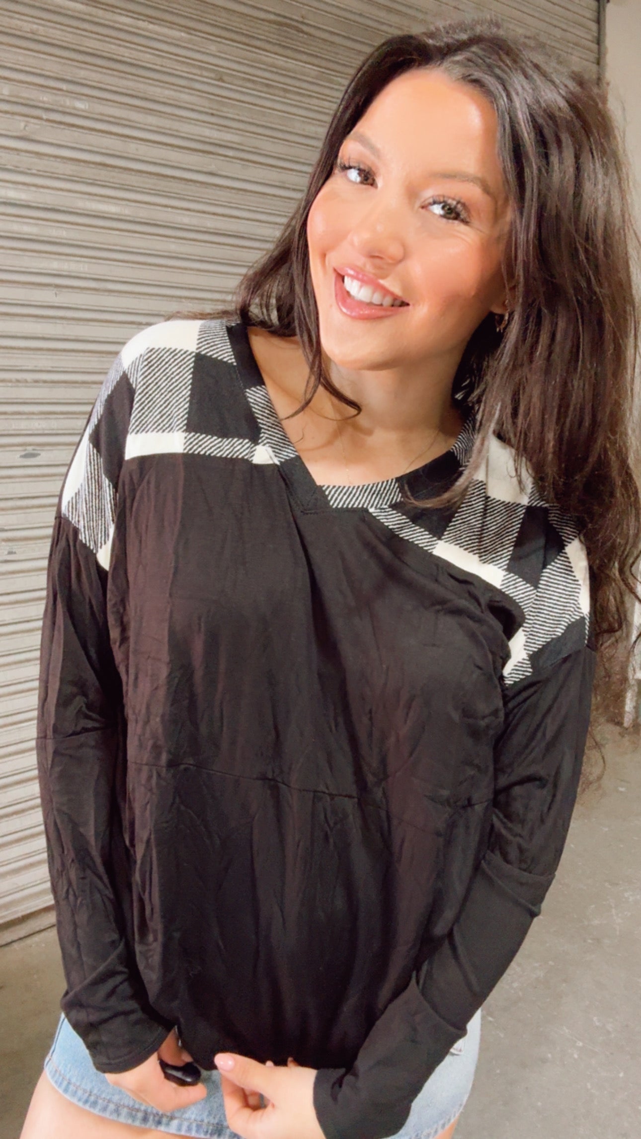 Black and White Plaid Vneck Long Sleeve Top *Final Sale*