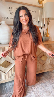 Chic Brown Ribbed Top and Flowy Pant Set