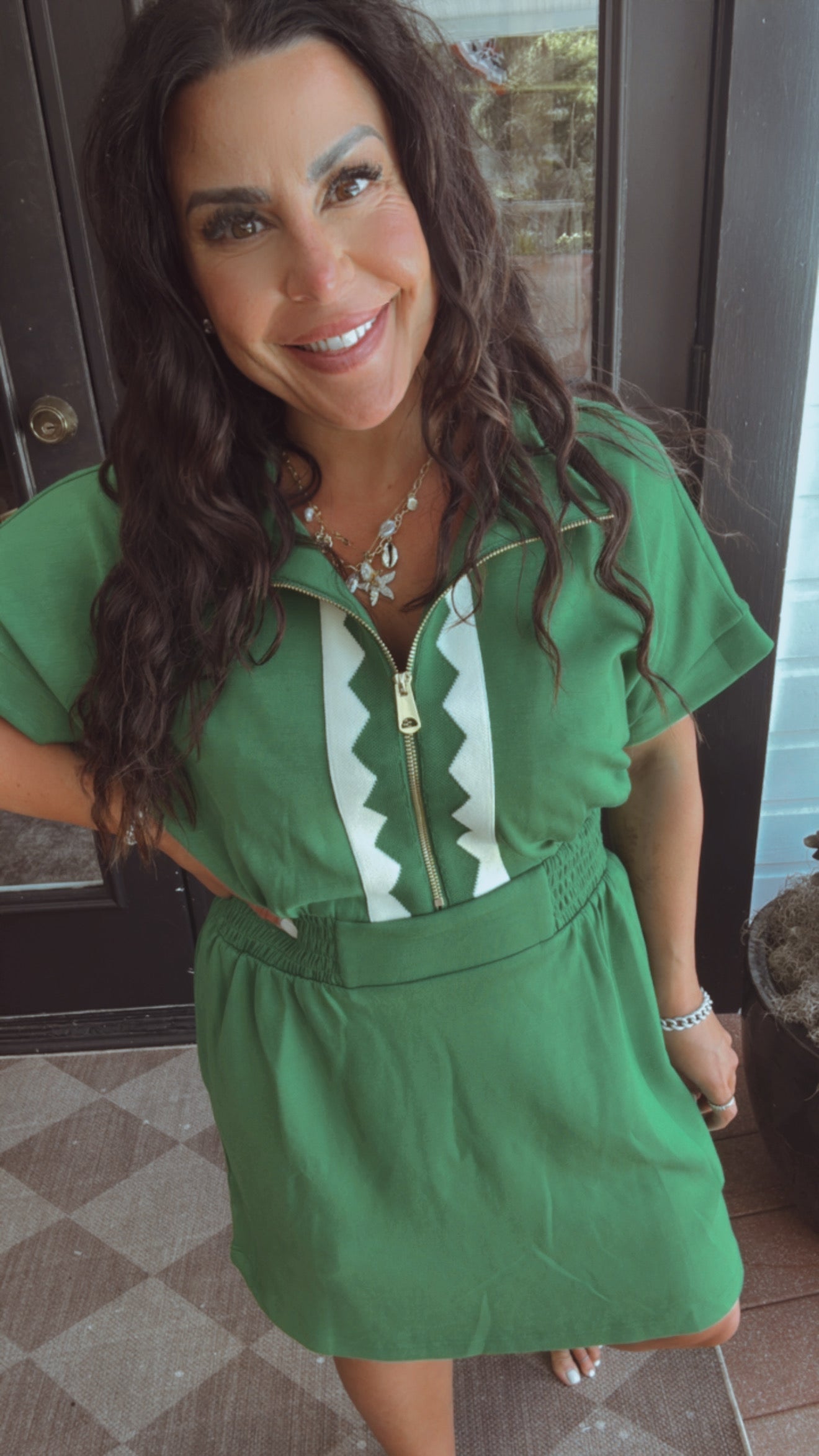 Kelly-green and White ZIp Front Ruched Waist Dress