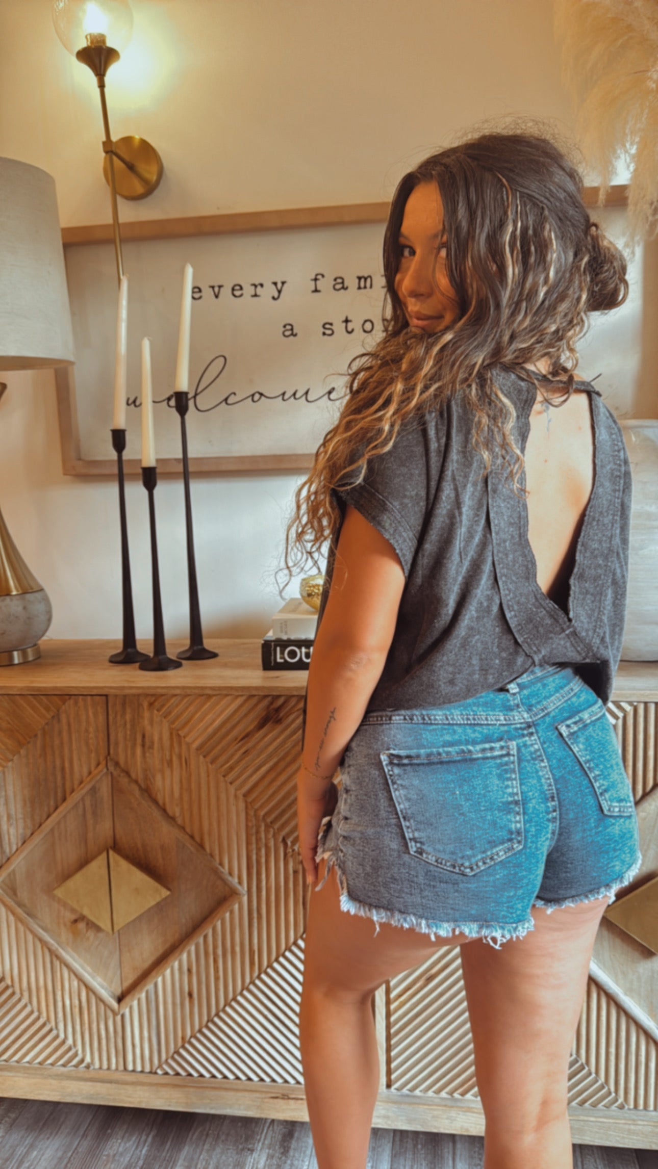 Distressed Hem Acid Wash High Waist Jean Shorts