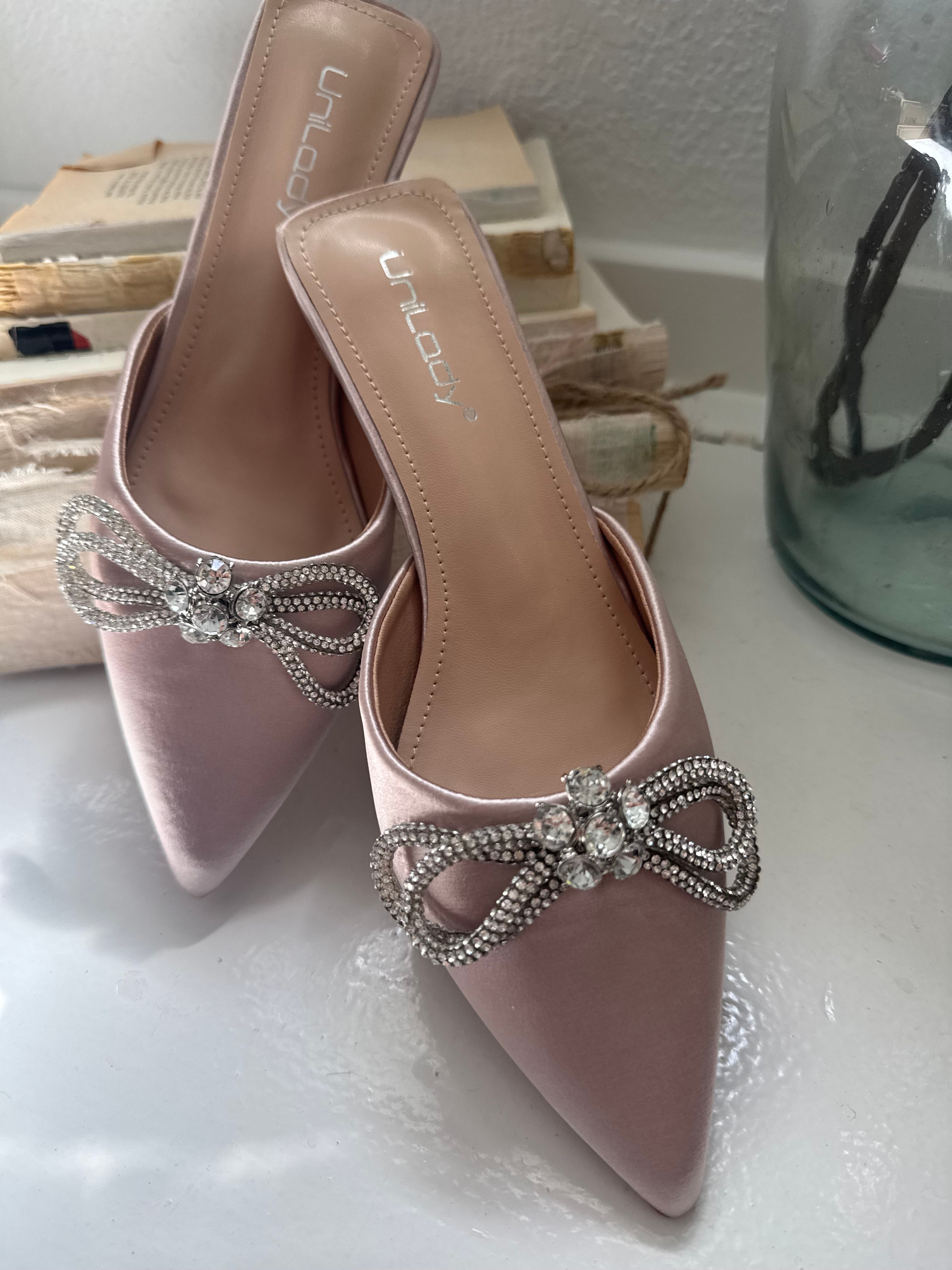 Nude Silk and Crystal Bow Heels