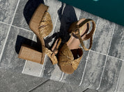 Tan Wicker Ankle Strap Heels