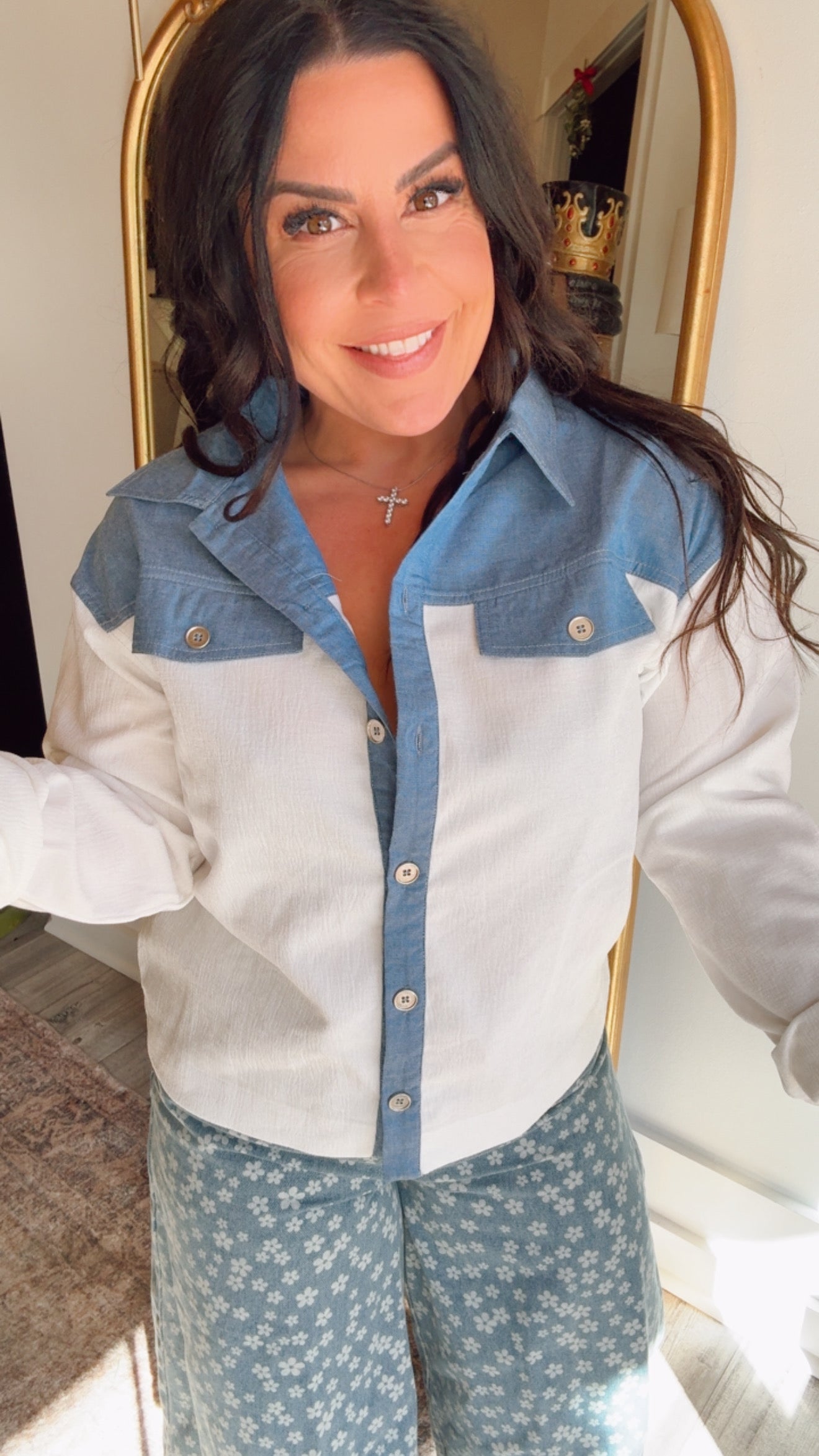 Cozy Co Chic Blue and Crushed velet white Denim Button Up long Sleeve Top