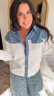 Cozy Co Chic Blue and Crushed velet white Denim Button Up long Sleeve Top
