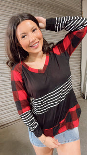RED AND BLACK PLAID STRIPED LONG SLEEVE TOP