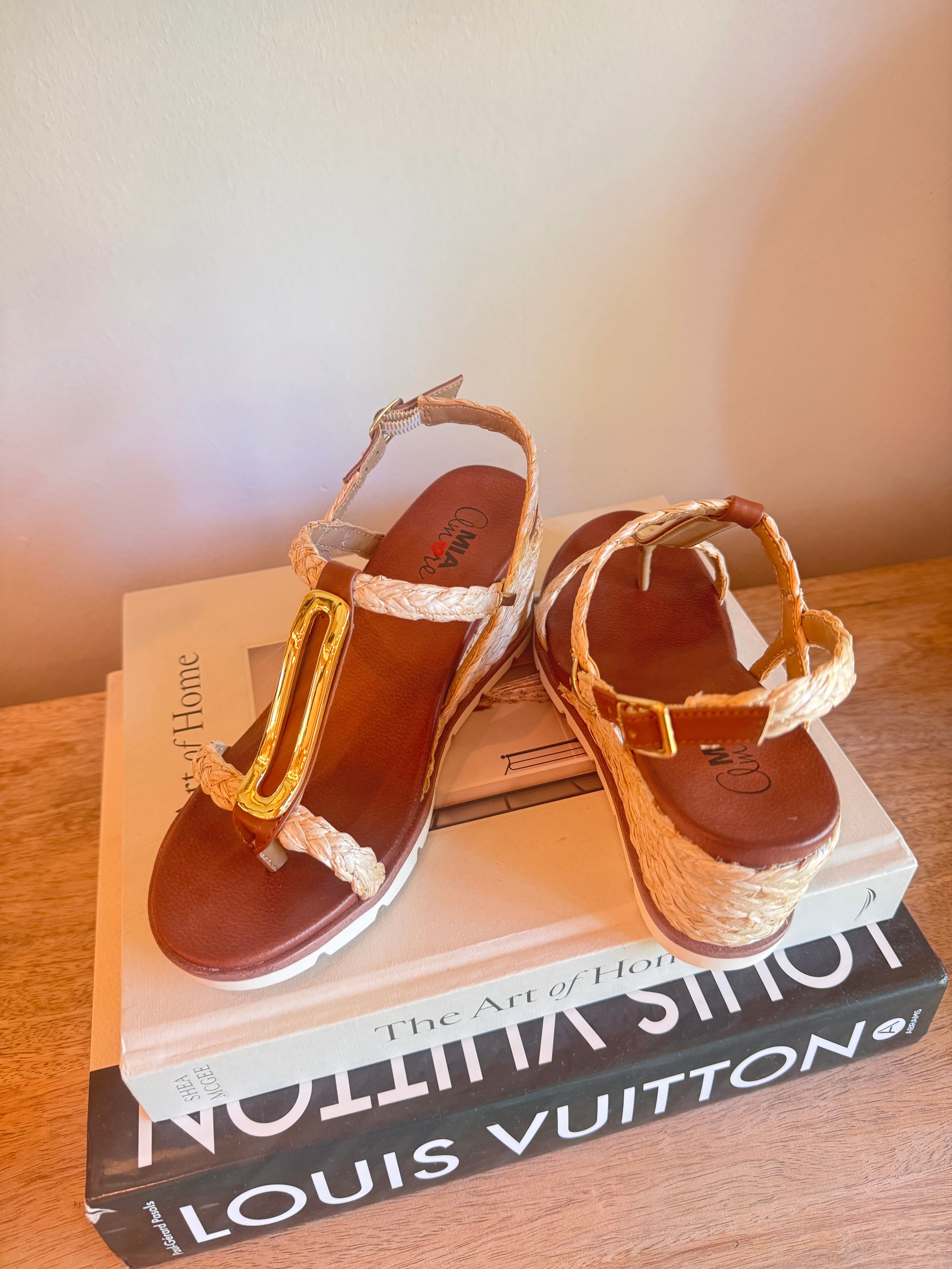 Dark Brown and Woven Strap Wedges