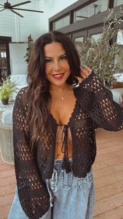 Chic Black Loose Knit Tie Fron Cardi