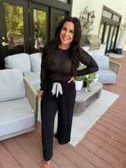 Ultra Soft Black Loose Fit Pants With Wide Linen Stripe Tie