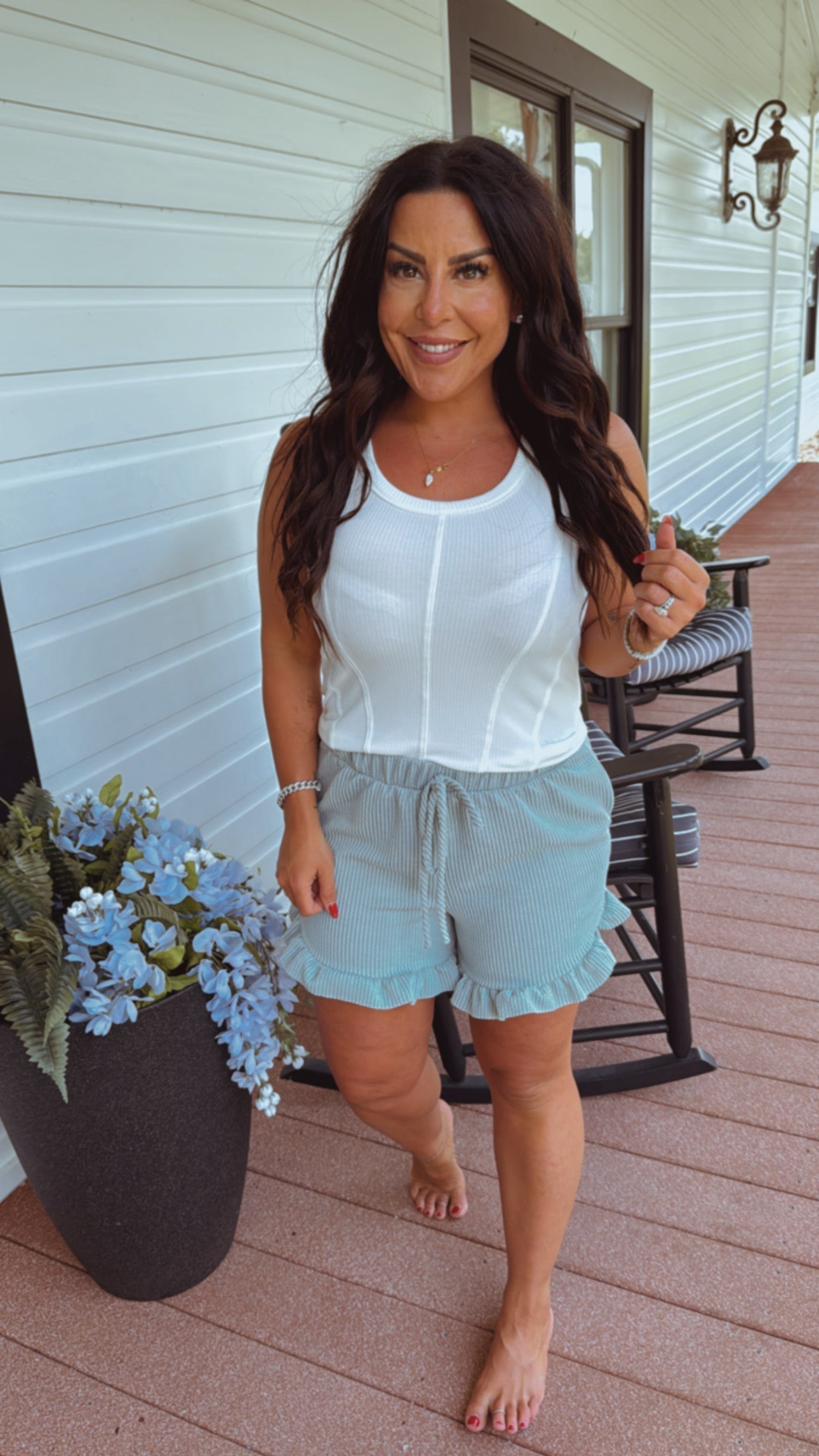 Sage Ribbed and Ruffle Textured Shorts