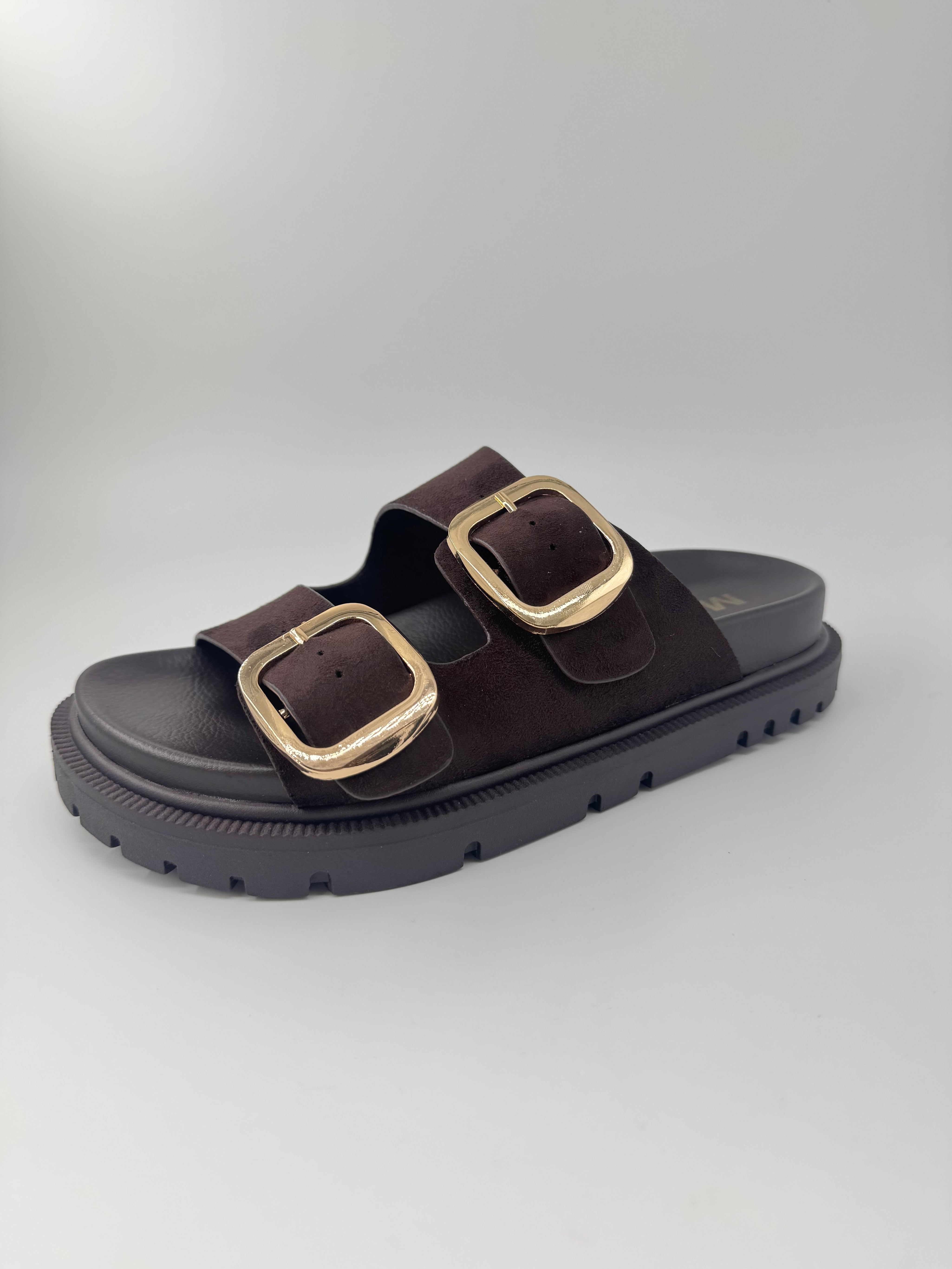 Mia Chocolate Double Strap Gold Buckle Sandals