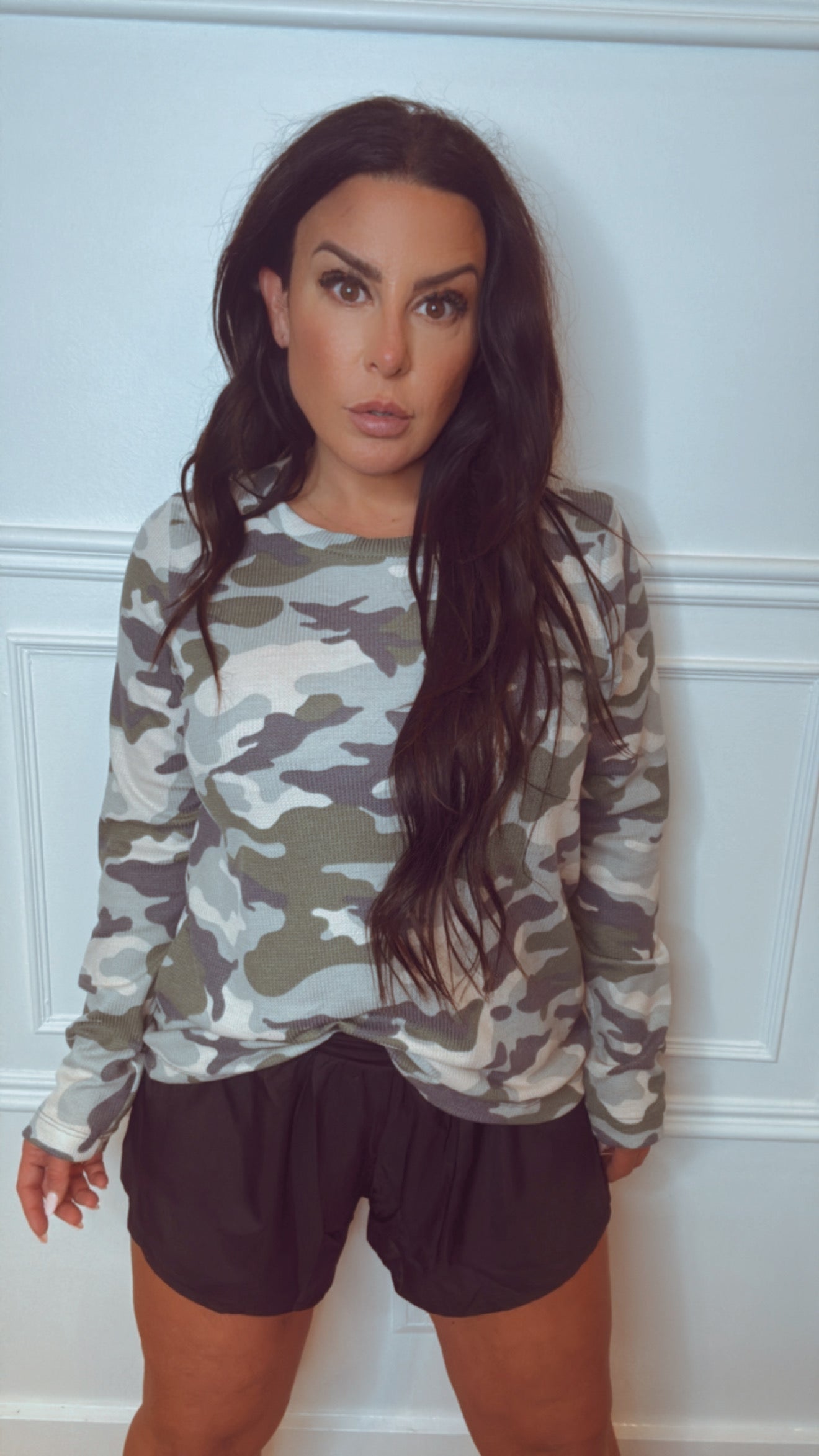 Dark Green Camo  Waffle Knit Ultra Soft Lightweight Sweater Top